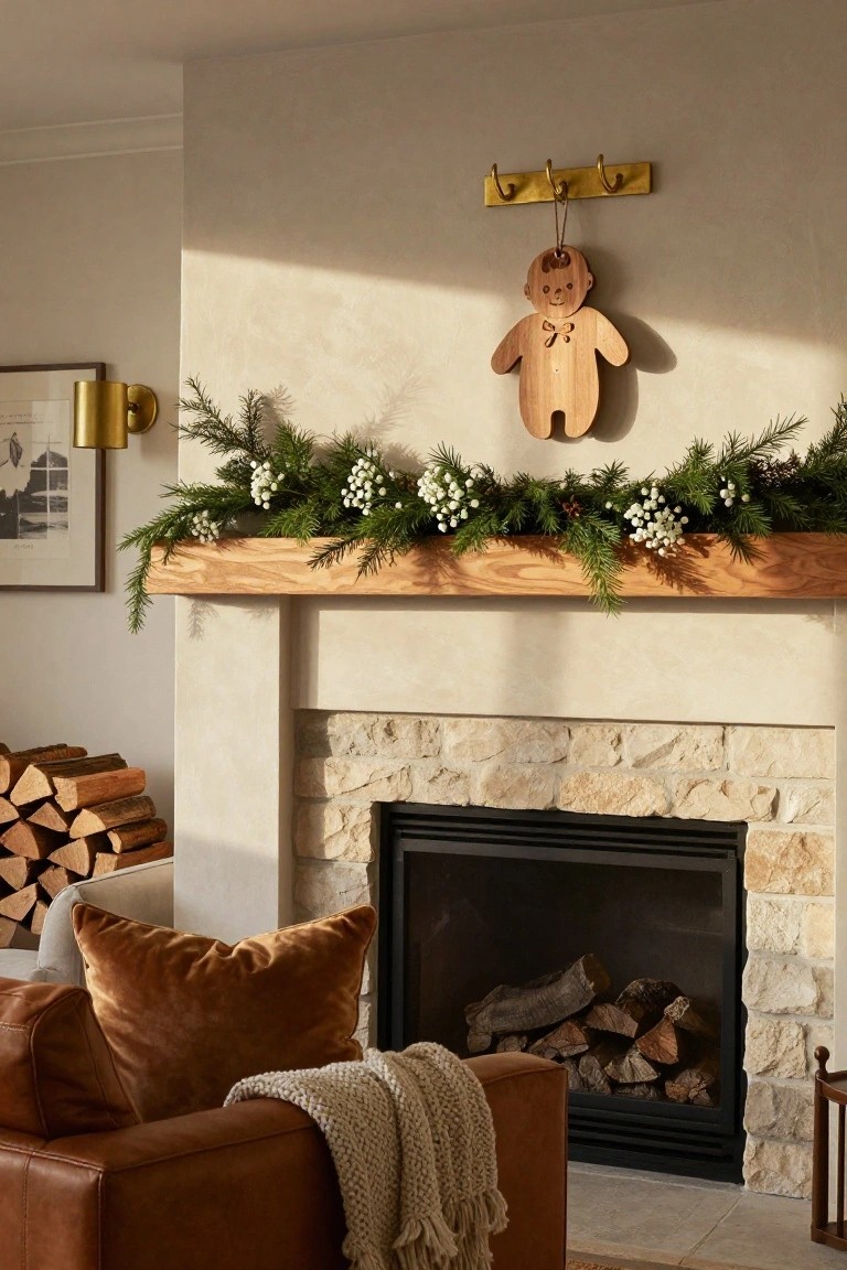 Wooden gingerbread man ornament hanging from a brass hook above a wooden mantel with evergreen garland, white berries, and pinecones, next to a stone fireplace and leather sofa in a light-filled living room.