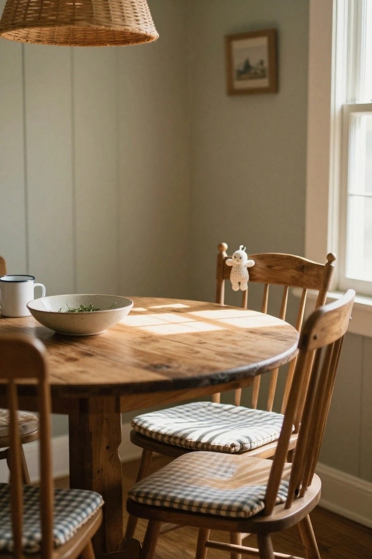 Round wooden dining table with checkered cushioned chairs in a sage green room, white crocheted bear ornament hanging from one chair back, ceramic bowl of greens and enamel mug on table, window and wicker lamp in background.