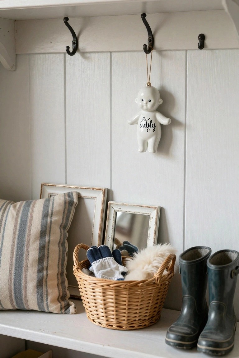 White shiplap wall with black coat hooks, a hanging white ceramic baby doll ornament labeled "Happy 1stly", empty picture frames, a striped pillow, wicker basket holding gloves and faux fur, and a pair of green rubber boots on a wooden shelf.