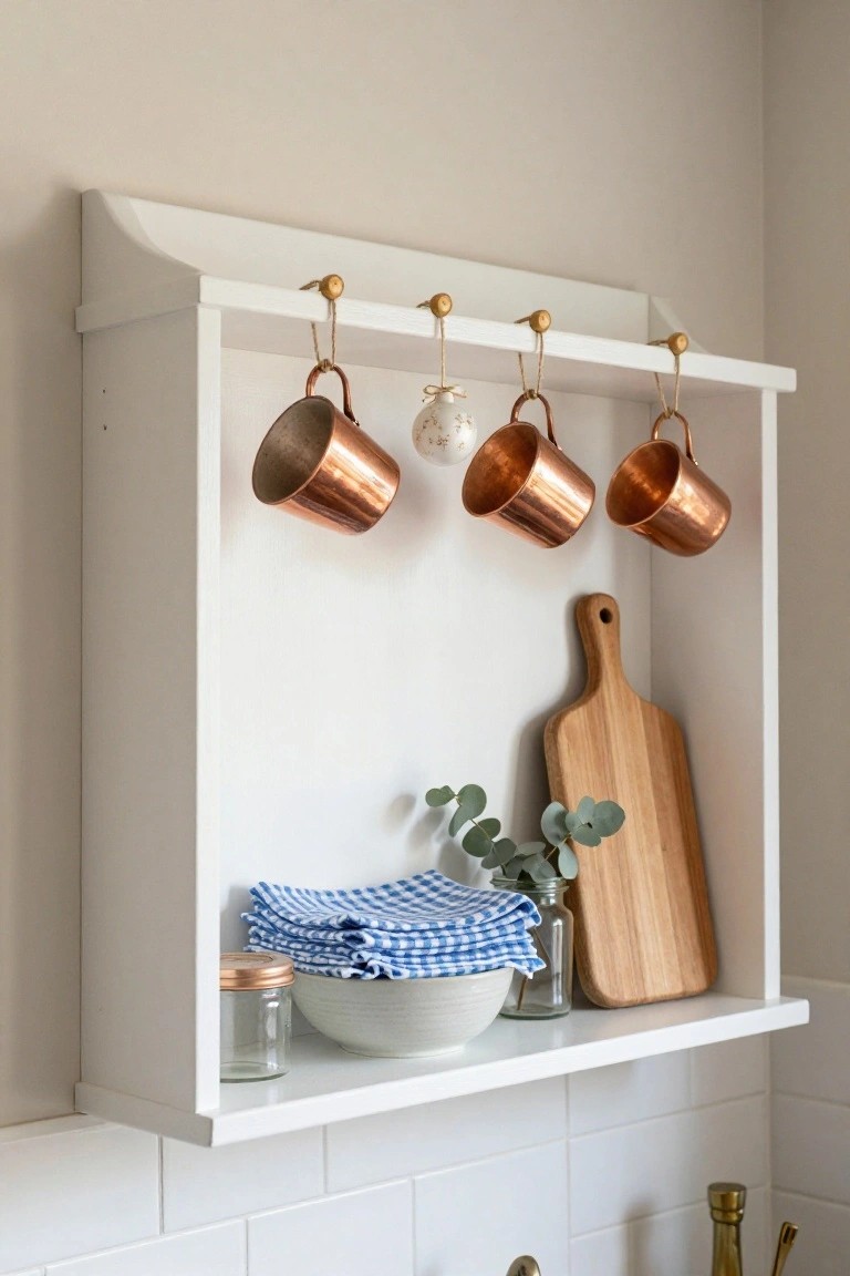 White wall-mounted shelf unit in a kitchen with four copper mugs and a white spherical ornament hanging from brass hooks on top, and a wooden cutting board, eucalyptus sprigs, blue checkered cloths, white bowl, and glass jar on the shelf below, against white subway tile wall.