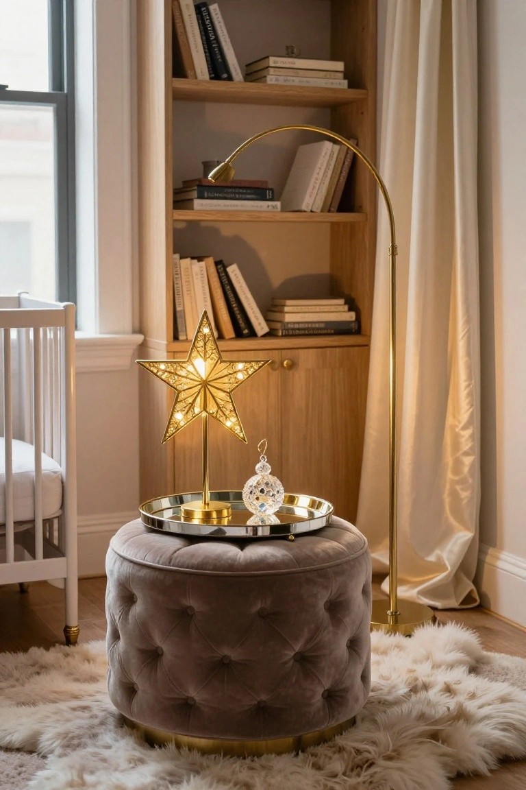 Nursery corner featuring a white crib, wooden bookshelves with books, gold arched floor lamp, beige curtains, fluffy white rug, and a gray velvet pouf stool with a silver tray holding a lit gold filigree star ornament and clear glass bauble.