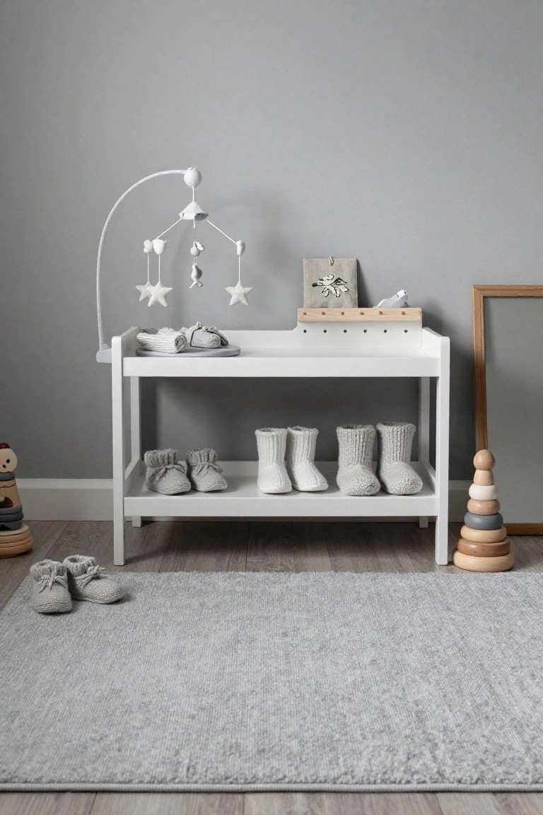White wooden changing table in a grey nursery holding grey knit baby booties and clothes on shelves, with a hanging mobile featuring sheep and stars attached to the side, wooden stacking rings on the floor, and a grey rug.
