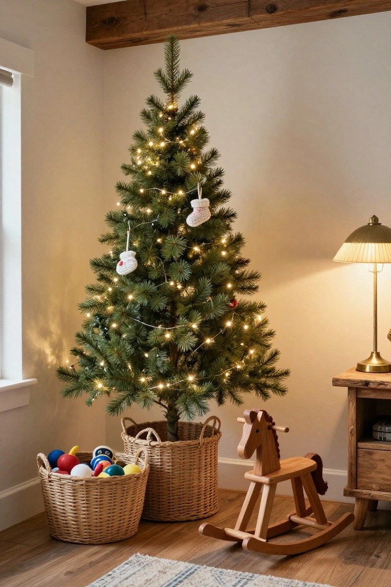 Small artificial Christmas tree lit with white lights in a nursery corner, standing in two woven baskets with colorful toy balls inside one, wooden rocking horse nearby, brass banker's lamp on wooden side table, and white knitted baby bootie stocking hanging from a branch.