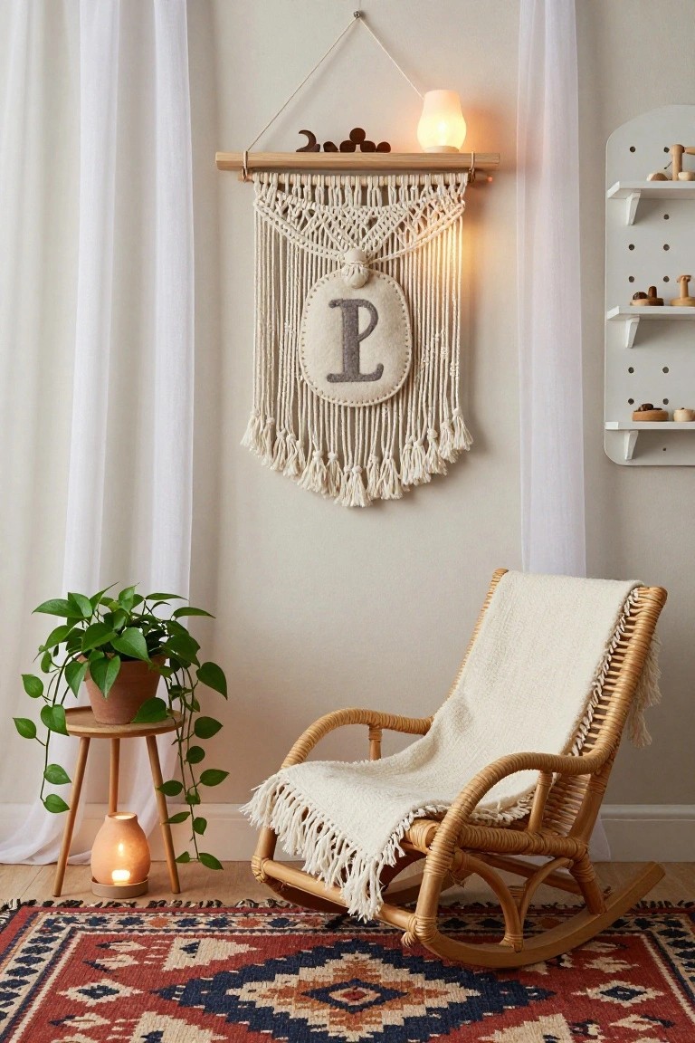 Nursery corner with white macrame wall hanging displaying gray felt letter P, wooden shelf holding beads and small wooden toys, potted green plant on side table with lamp, rattan rocking chair draped in white blanket, colorful patterned rug on floor.