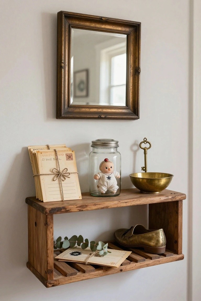 Rustic wooden wall shelf displaying stacked tied vintage postcards, glass jar containing baby doll, brass bowl and key, eucalyptus sprigs with paper, and gold loafer shoes below a gold-framed mirror on white wall.
