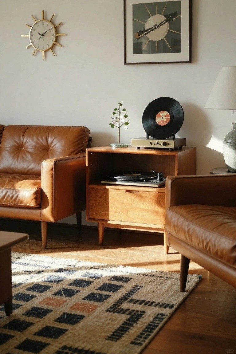 Sunlit mid-century modern living room with two tan tufted leather sofas, wooden credenza holding a gold record player and potted plant, sunburst clock on wall, lamp on side table, and patterned rug on wood floor.