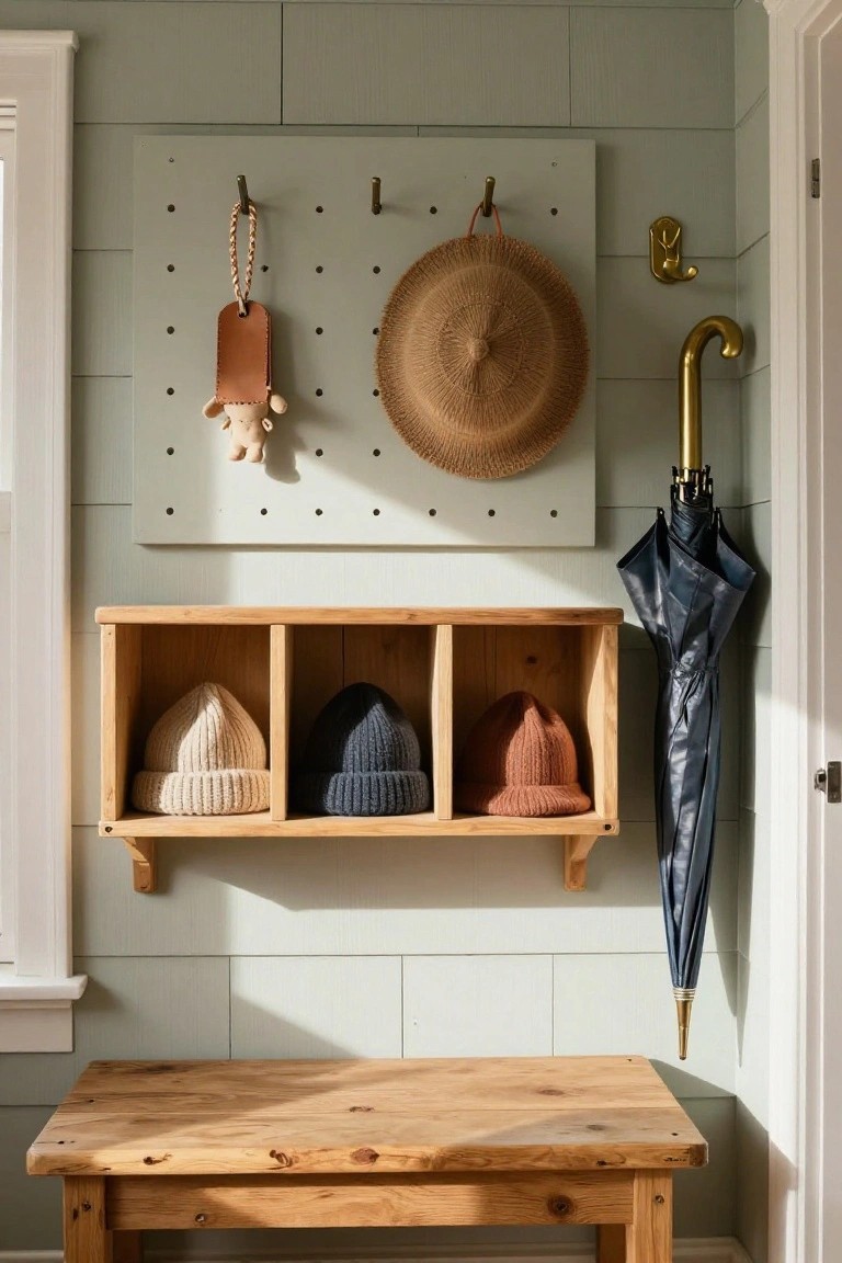 Pale green pegboard wall in an entryway displaying a straw hat, braided keychain with teddy bear, and leather tag on hooks, with wooden cubby shelves below holding three knitted beanies in beige, navy, and rust colors, a black umbrella on a gold hook nearby, and a wooden bench at the bottom.