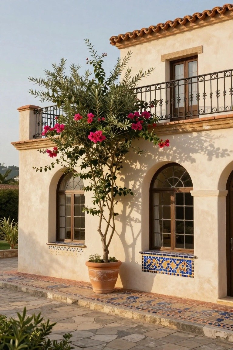 Beige stucco house exterior featuring two arched bay windows with blue and yellow decorative tile accents below them, a wrought-iron balcony above, pink bougainvillea on an olive tree in a terracotta pot, and a stone pathway with tile details.