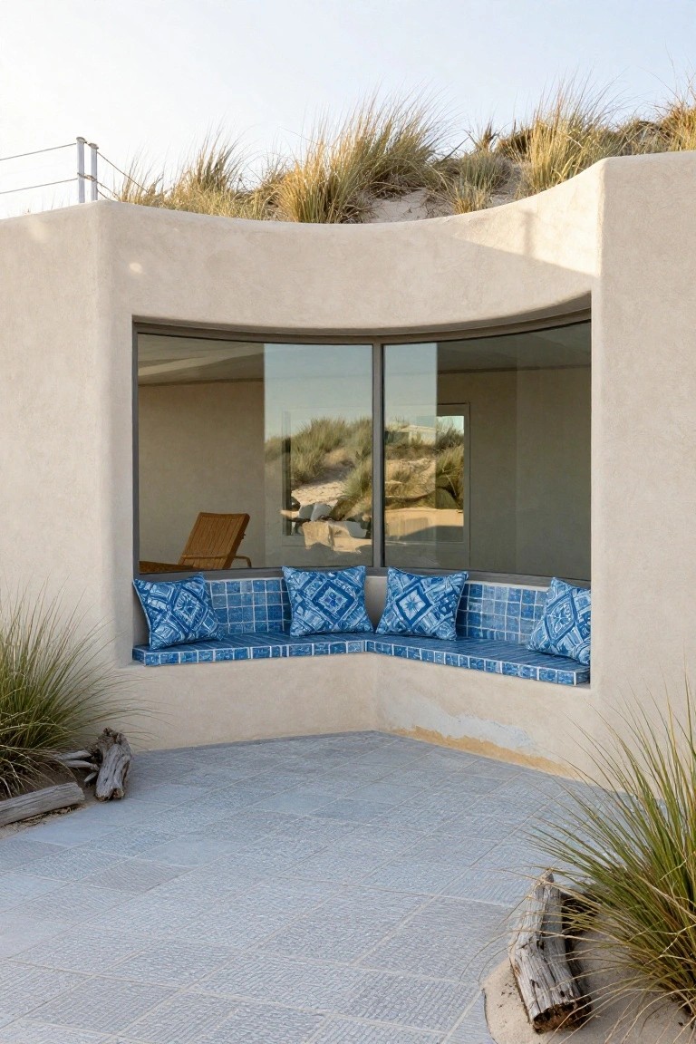 Curved beige stucco wall with large bay window recess containing built-in blue tiled bench with patterned cushions, dune grass, and driftwood on light patio tiles.