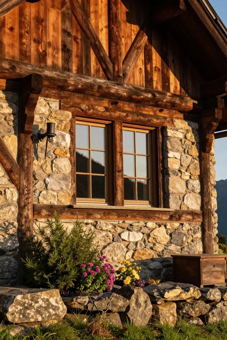 Bay window set into a facade of irregular natural stones at the base and dark wooden beams and planks above, with a wall-mounted lantern beside it, colorful flowers in a planter, and rocks nearby on a grassy slope.