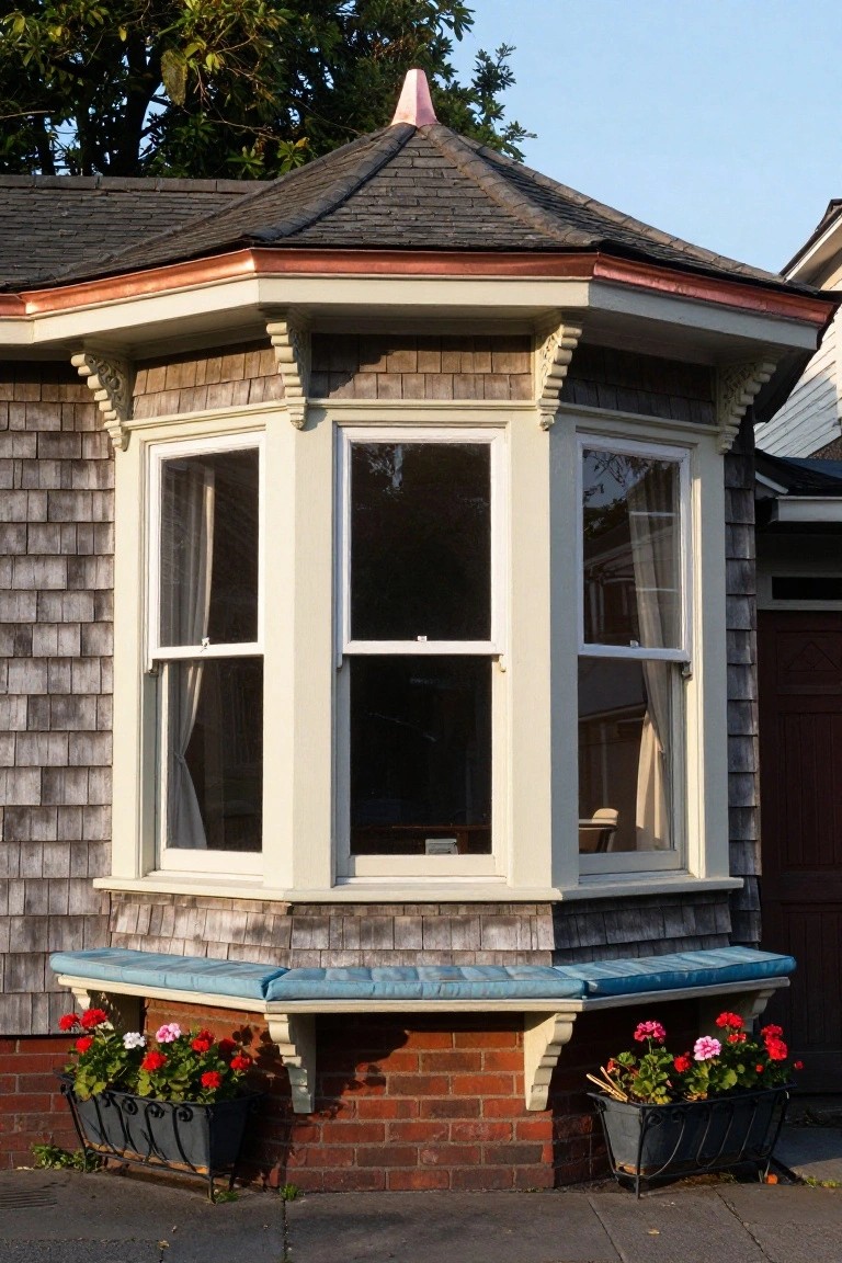 Close-up exterior view of an octagonal bay window on a shingled house corner, featuring white-framed triple windows, copper roof accents, a blue cushioned bench seat below, and black metal planters with red geraniums on brick supports.