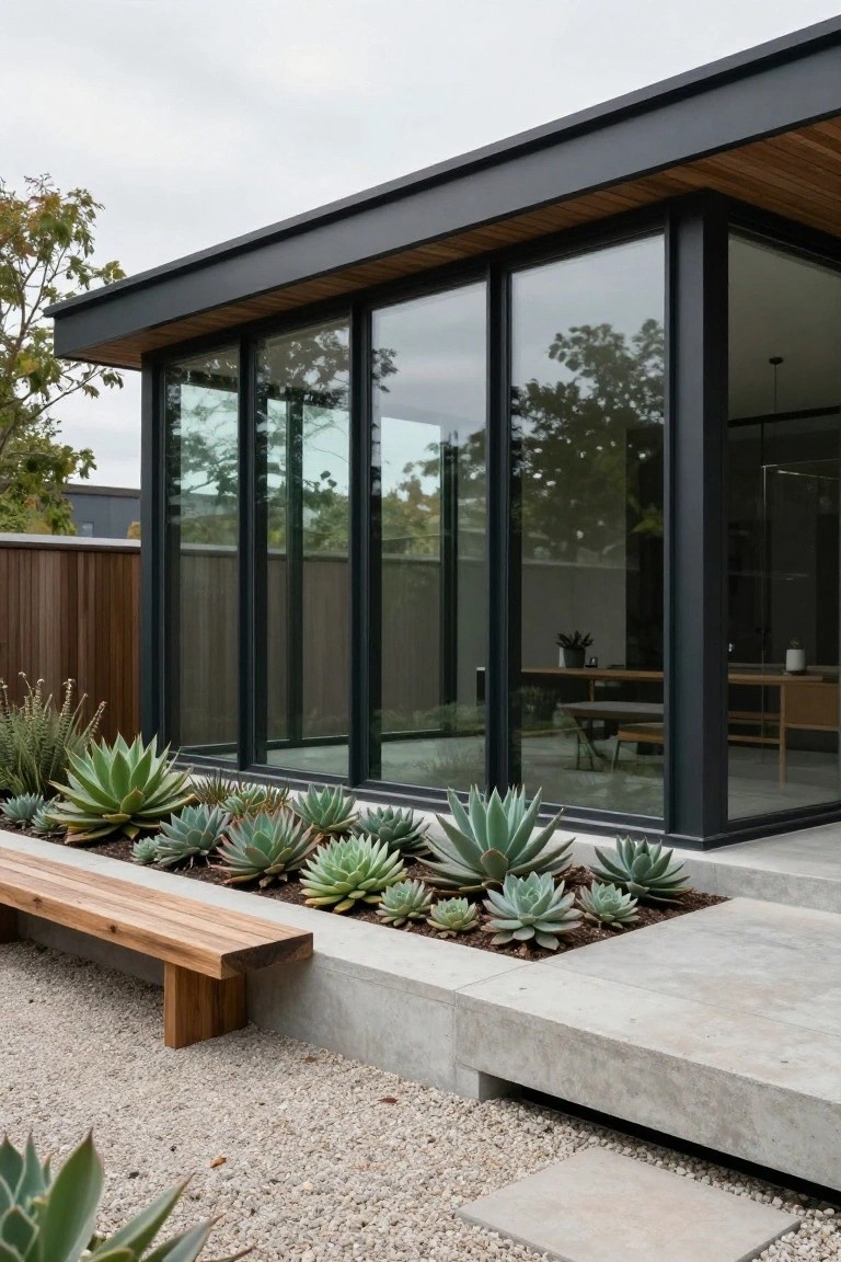 Exterior corner of a modern house with large floor-to-ceiling black-framed glass windows, overhanging wooden roof, raised bed of agave plants, wooden bench on concrete ledge, and gravel ground.