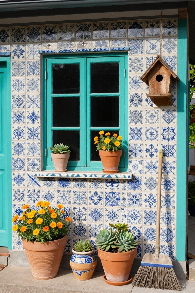 Close-up of a turquoise-framed bay window and door on a wall clad in blue and white patterned ceramic tiles, with terracotta pots of succulents and marigolds on the sill and ground, a wooden birdhouse above the window, and a broom leaning against the wall.