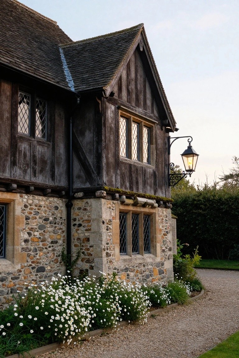 Corner exterior of a half-timbered house with stone base, multiple leaded glass windows, white flowering plants along the bottom, gravel path, and a lit black metal lantern mounted on the wall at dusk.