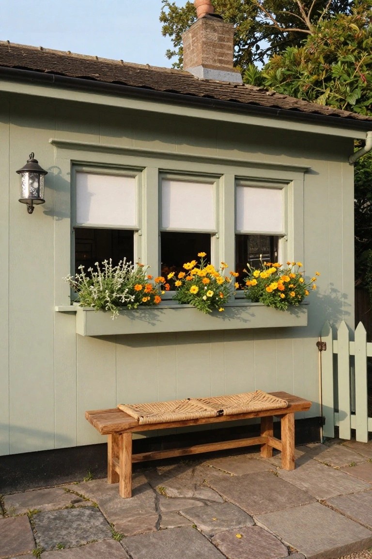 Green clapboard garden shed with three multipaned bay windows covered by white roller shades, a wooden window box overflowing with orange marigolds, white flowers, and silvery foliage below the windows, a woven-seat wooden bench on stone pavers in front, and a white picket fence section nearby.