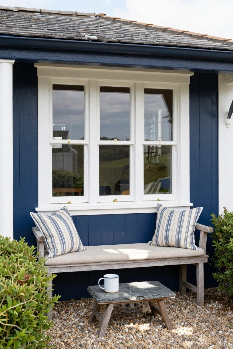 Navy blue clad house exterior with white three-panel bay window above a wooden bench with beige cushions and striped pillows, small table holding a white mug, shrubs on either side, gravel ground.