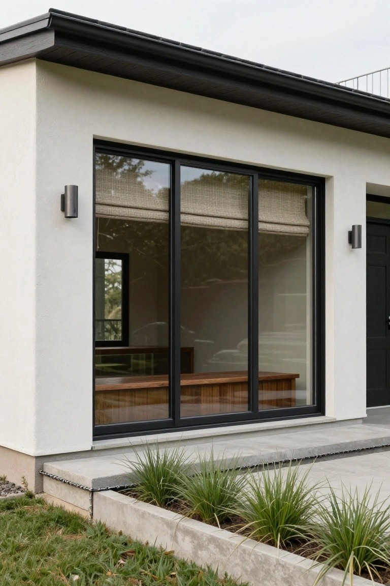 Exterior side of a white stucco house with large black-framed sliding glass doors partially covered by bamboo blinds, a black entry door, visible wooden bench inside, and low grasses in a concrete bed at the base.
