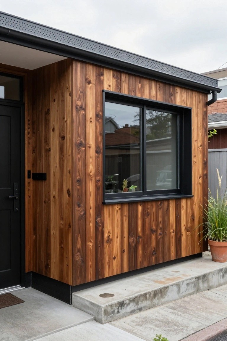 Close-up exterior view of a house addition with dark vertical cedar wood siding, black metal-framed window and door, concrete steps, and potted plants beside a driveway.