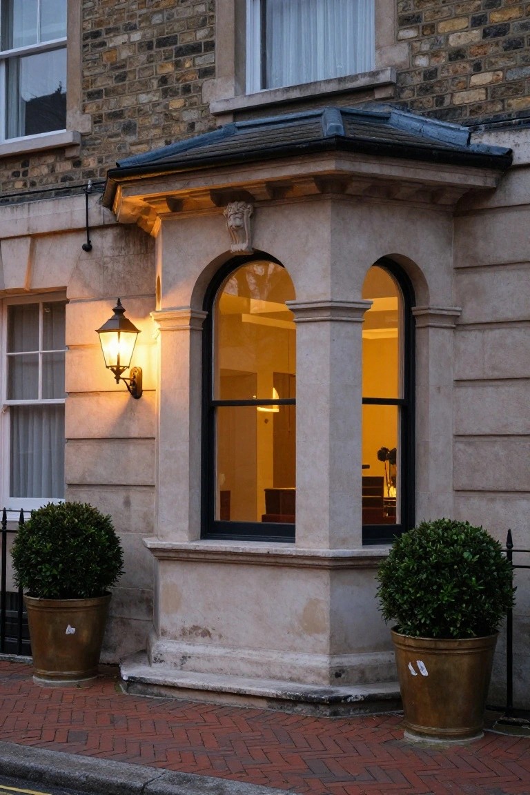 Close-up exterior view of a protruding beige stone bay window with twin arched black-framed panes, flanked by wall lanterns and bronze pots holding trimmed boxwood shrubs, on a brick house facade beside a red brick path at dusk.