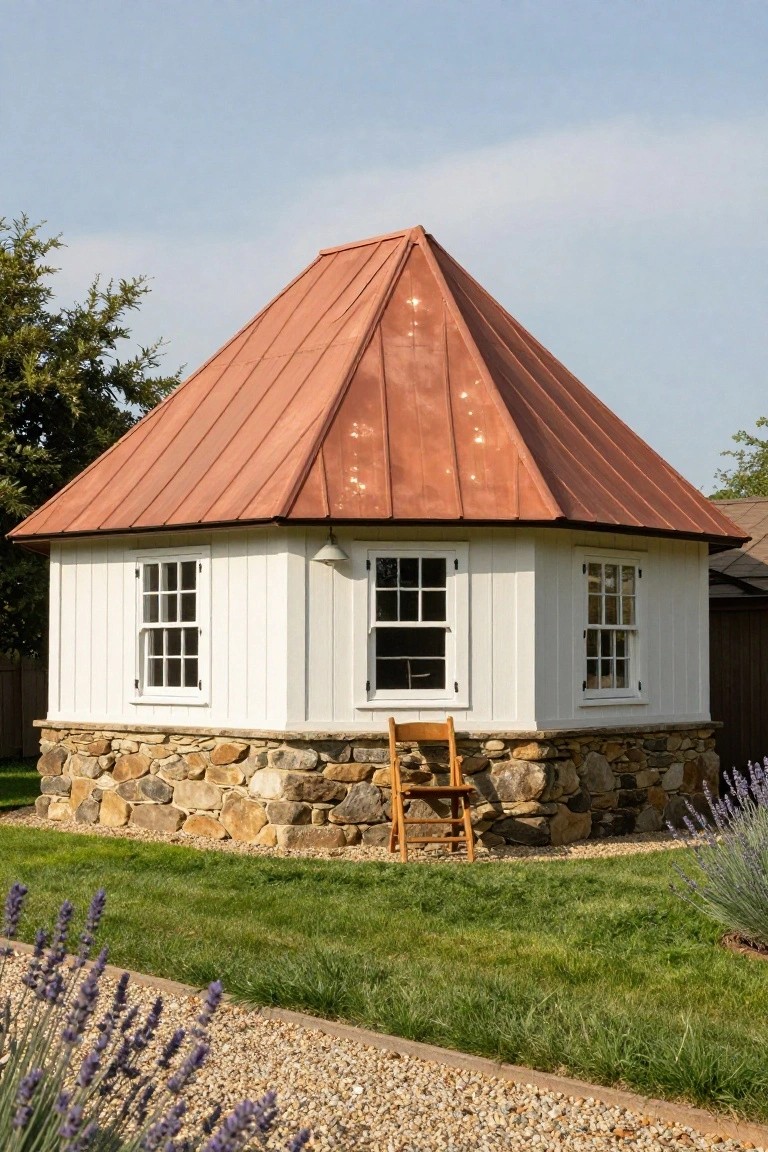 Octagonal garden shed with white vertical board siding, double-hung windows, stone foundation, wooden ladder leaning against one side, pyramidal roof with reddish copper patina, set amid green lawn, lavender plants, and gravel path.