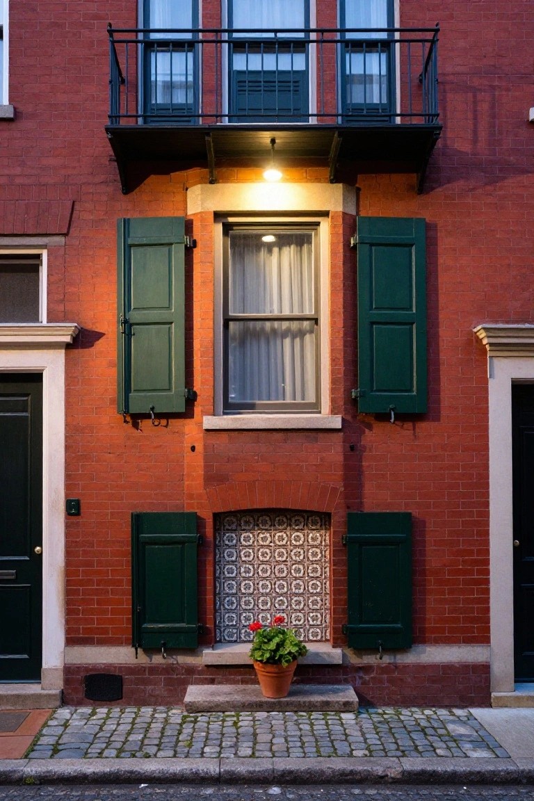 Red brick townhouse exterior with green shutters framing multiple windows and a small tiled alcove containing a potted red geranium plant, flanked by doorways on a cobblestone sidewalk at dusk.