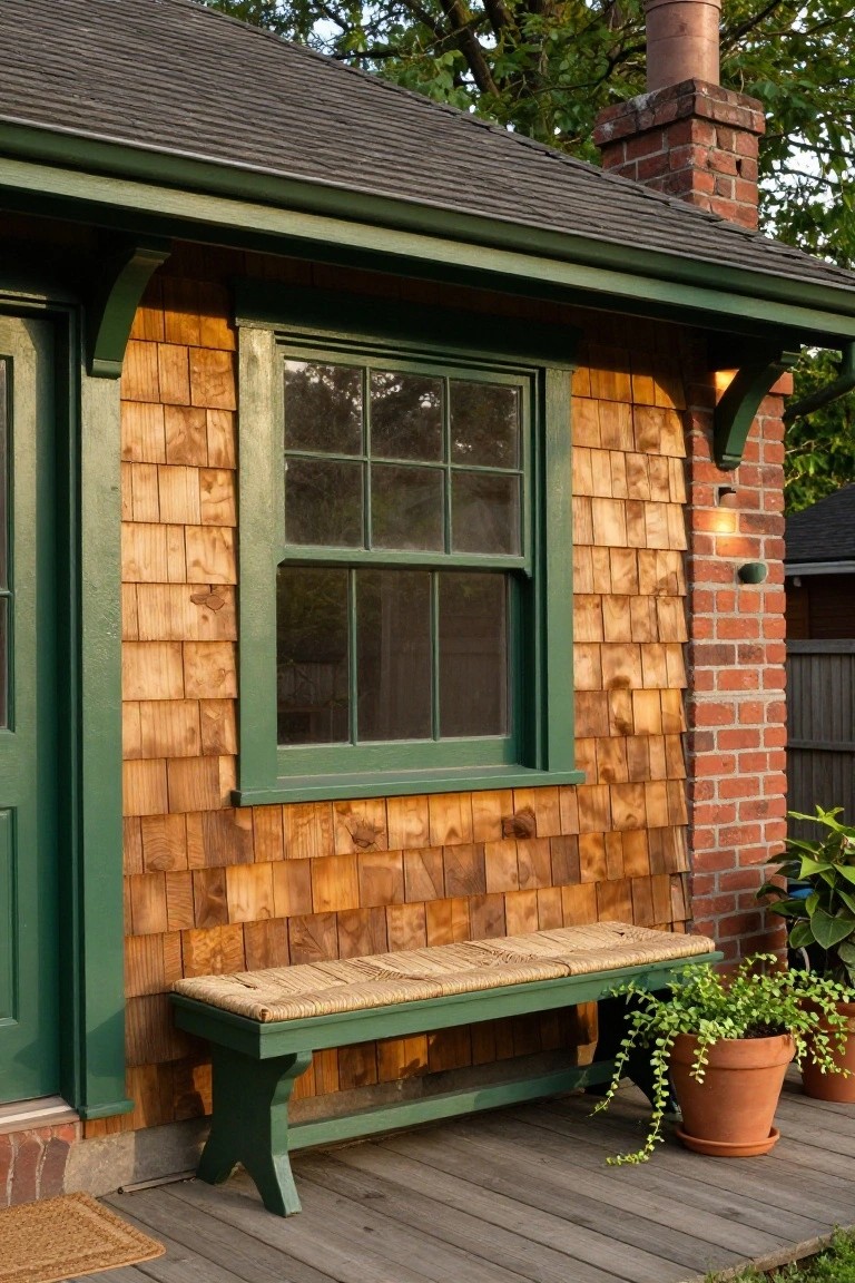 Shingled exterior wall of a small building with green-painted window frame and door, a green bench on a wooden deck, and potted plants nearby.