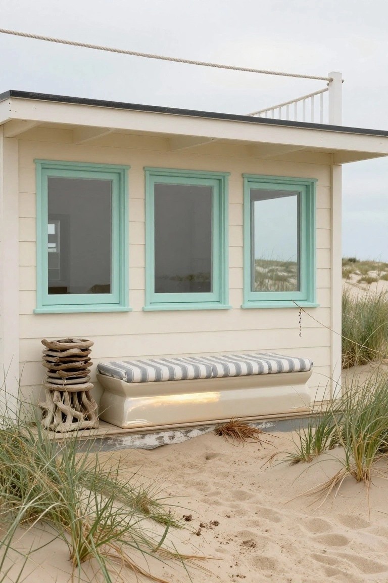 Small elevated beach cabin with cream siding and three large mint green-framed windows, cushioned striped bench and driftwood stool below, surrounded by sand dunes and beach grass.