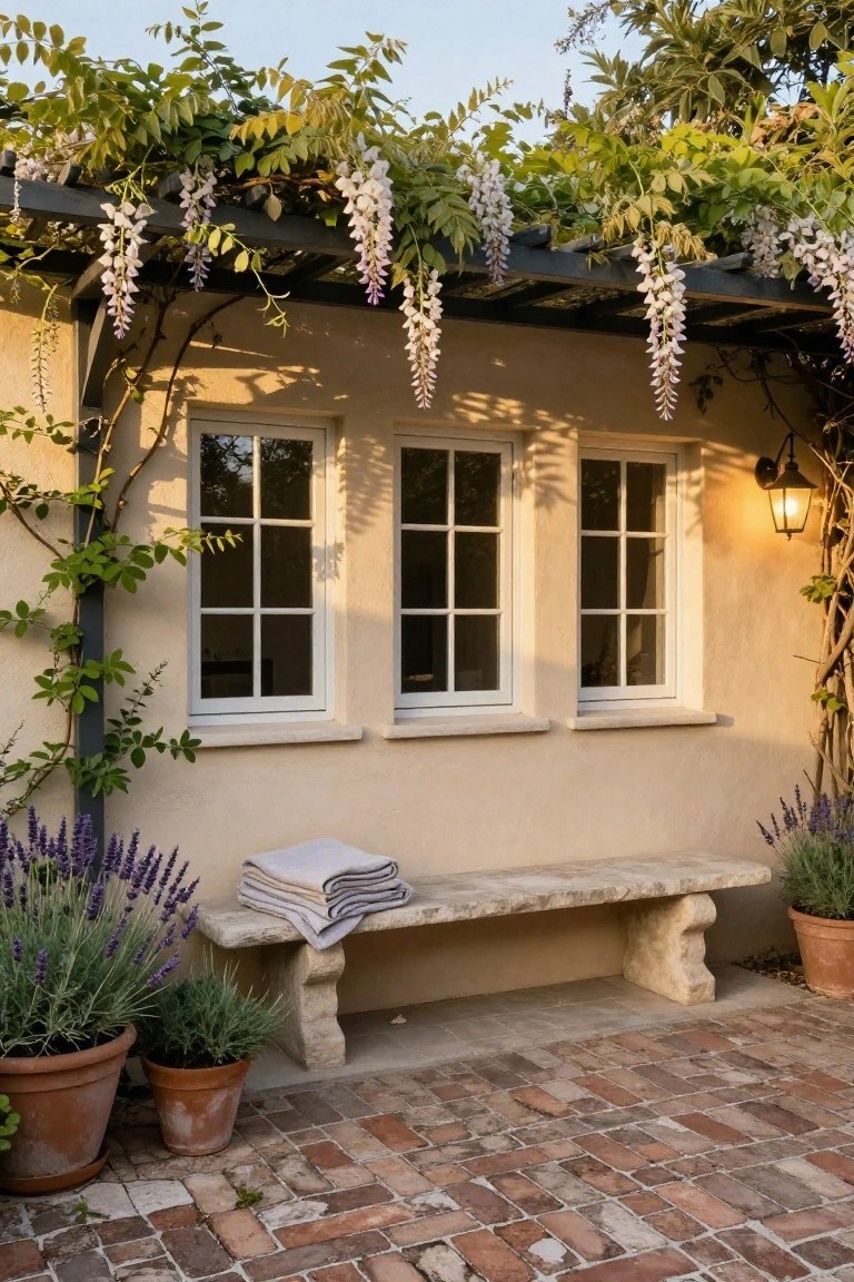 Three multipaned white-framed windows on a beige stucco wall under a black metal pergola draped with purple wisteria vines, with a stone bench holding folded blankets flanked by potted lavender plants on brick pavers.