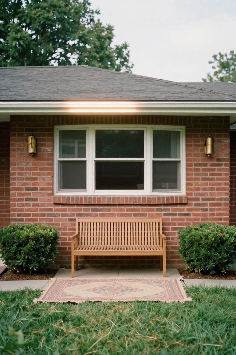 Red brick house exterior with a three-pane bay window flanked by brass lanterns, a wooden slat bench on a concrete pad partially covered by a patterned rug, boxwood shrubs on either side, and grass lawn in front.