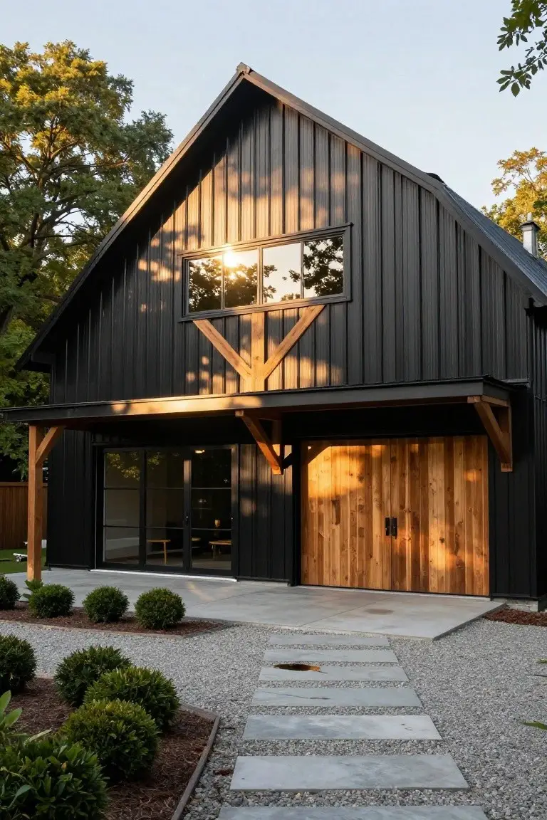 Black vertical metal-sided barndominium with large wooden double garage doors under a covered porch, gravel pathway, and low boxwood shrubs in the front yard.