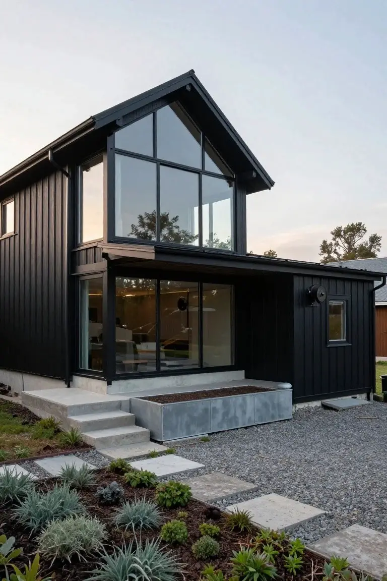Side exterior view of a two-story black metal-clad barndominium with a large triangular glass window in the gable, sliding glass doors under a covered porch, concrete steps, metal planter box, gravel driveway, stepping stones, and low drought-tolerant plants.