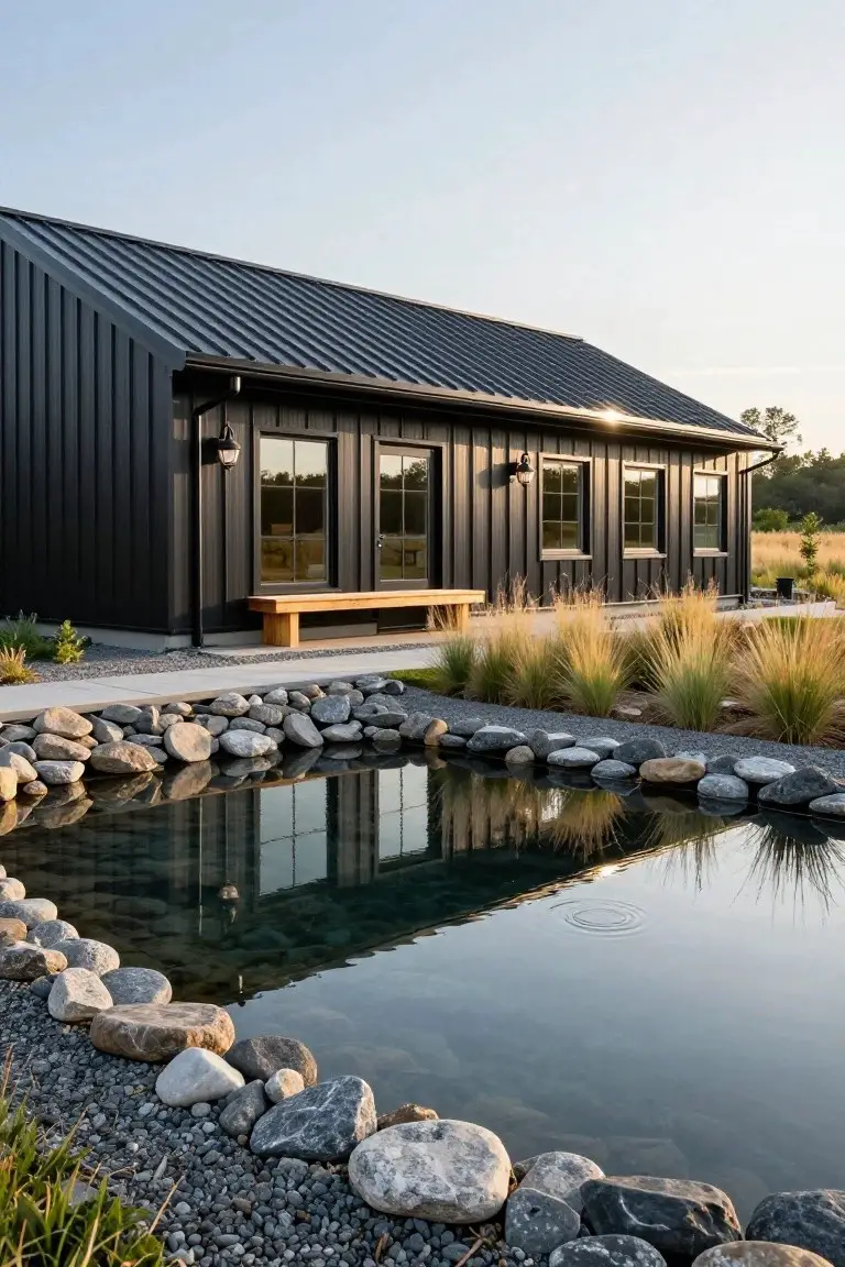 Black corrugated metal barndominium with sloped roof, large black-framed windows, wall-mounted lanterns, wooden bench on concrete pad, and foreground reflecting pond edged with rocks and grasses.