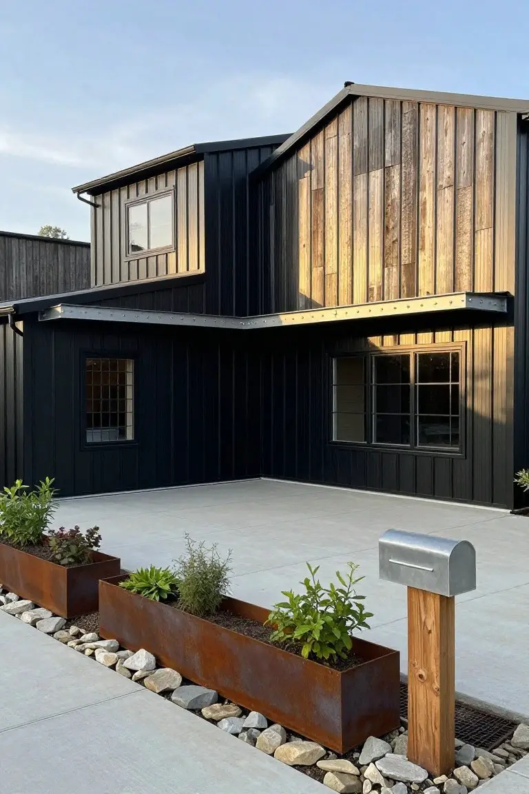 Black barndominium house exterior with corrugated metal siding, vertical wood plank cladding on upper walls, a metal overhang, small windows, and front planters with plants and rocks on a concrete pad.