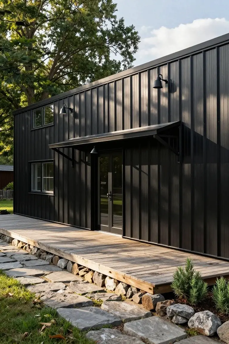 Black Barndominium with Wood Entry Deck