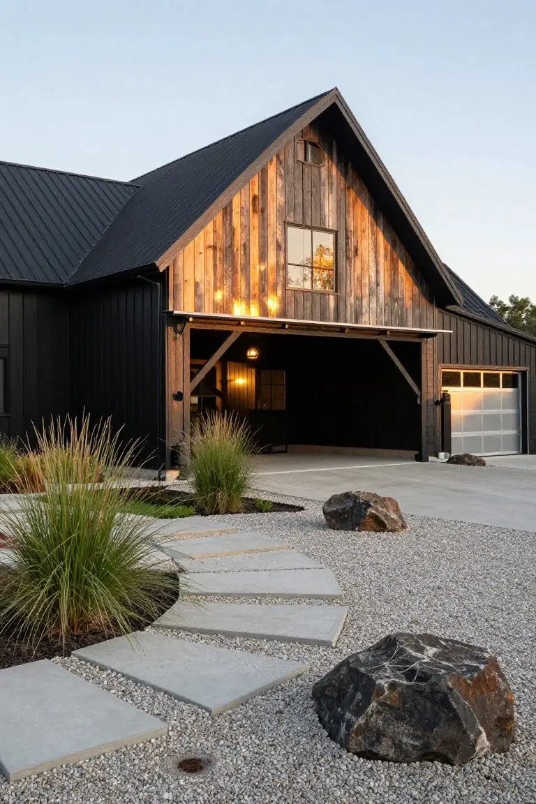 Black barndominium exterior featuring a tall wood-clad gable with large window, dark metal roof, open garage bay, and front gravel area with stone path and grasses.