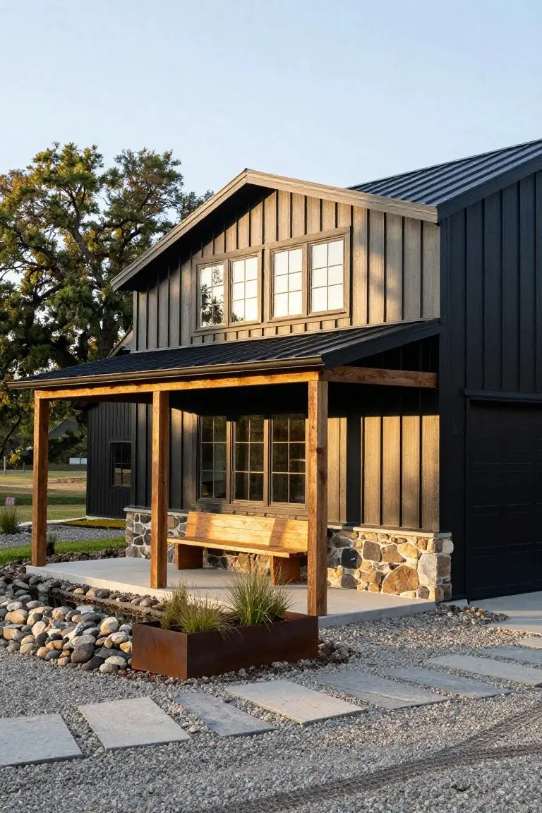 Black board-and-batten barndominium exterior with wooden covered porch, timber posts, bench, stone base, gravel yard, stepping stone path, metal planters, and nearby trees.