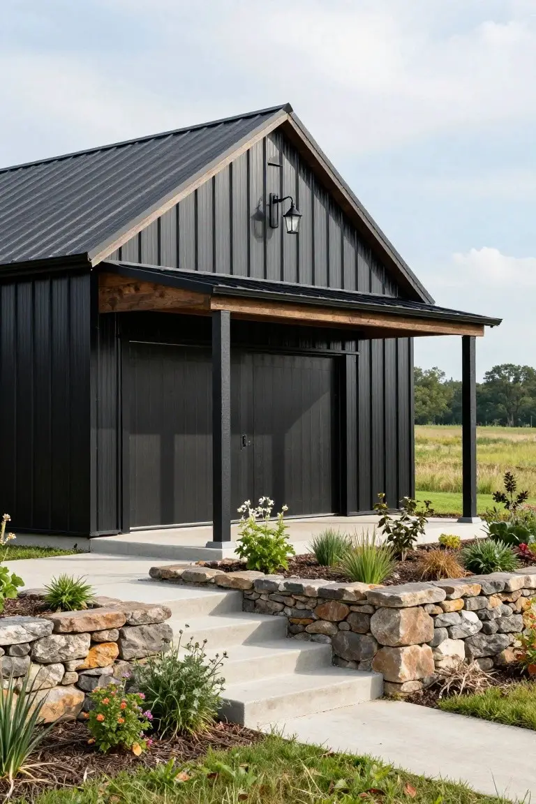 Black metal-sided barndominium with gabled roof, wooden porch overhang supported by beams, large garage doors, stone retaining wall with steps and planted beds in front, rural field background.