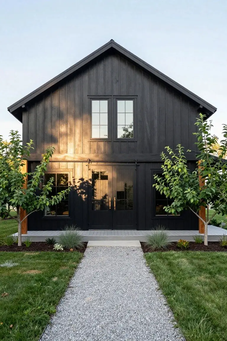 Front exterior of a black board-and-batten barndominium with a gabled roof, sliding barn doors, upper double windows, young trees flanking the entrance, and a gravel pathway through grass.