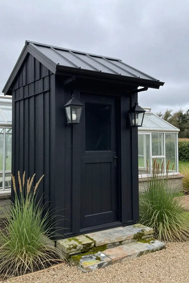 Small black board-and-batten wooden shed with peaked corrugated metal roof, black lanterns flanking a door with glass panel, mossy stone steps, ornamental grasses, and greenhouses in the background on a gravel area.