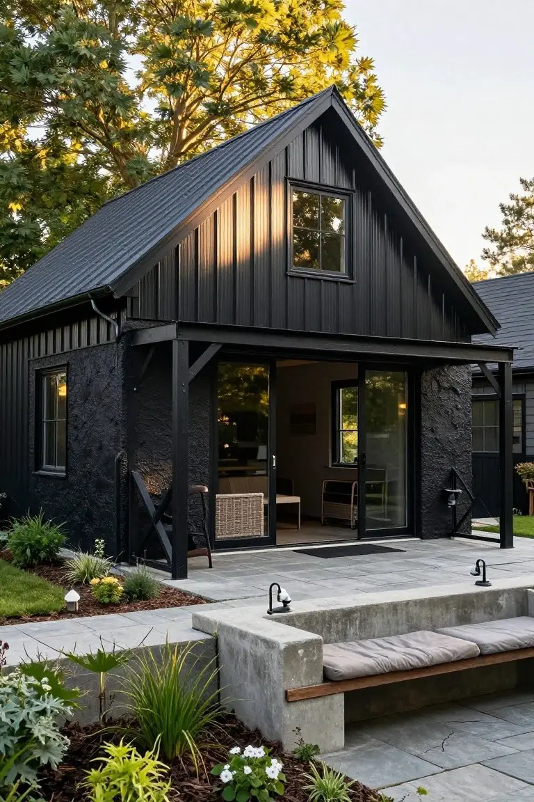 Small black barndominium exterior with gabled corrugated metal roof and siding, textured black walls, large sliding glass doors on covered porch with concrete bench and built-in cushions, garden plants, and paver path.