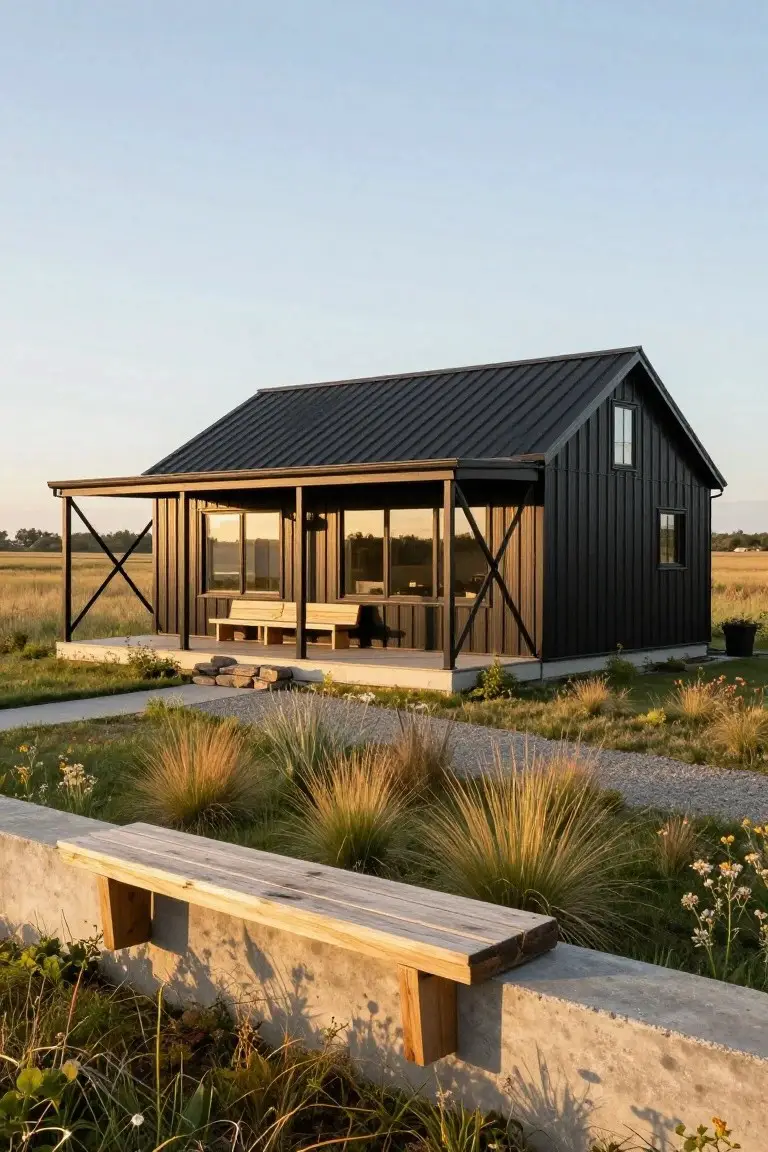 Black metal barndominium with gabled roof and porch, featuring large glass windows, X-bracing on posts, wooden benches, and surrounding grasses on a concrete base in a rural field.