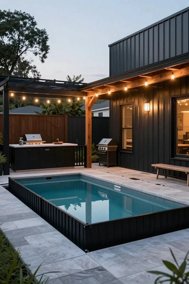 Rectangular turquoise pool with black metal walls flush to light gray paver patio, black outdoor kitchen with built-in grill under wooden pergola strung with lights, next to black corrugated metal house exterior.