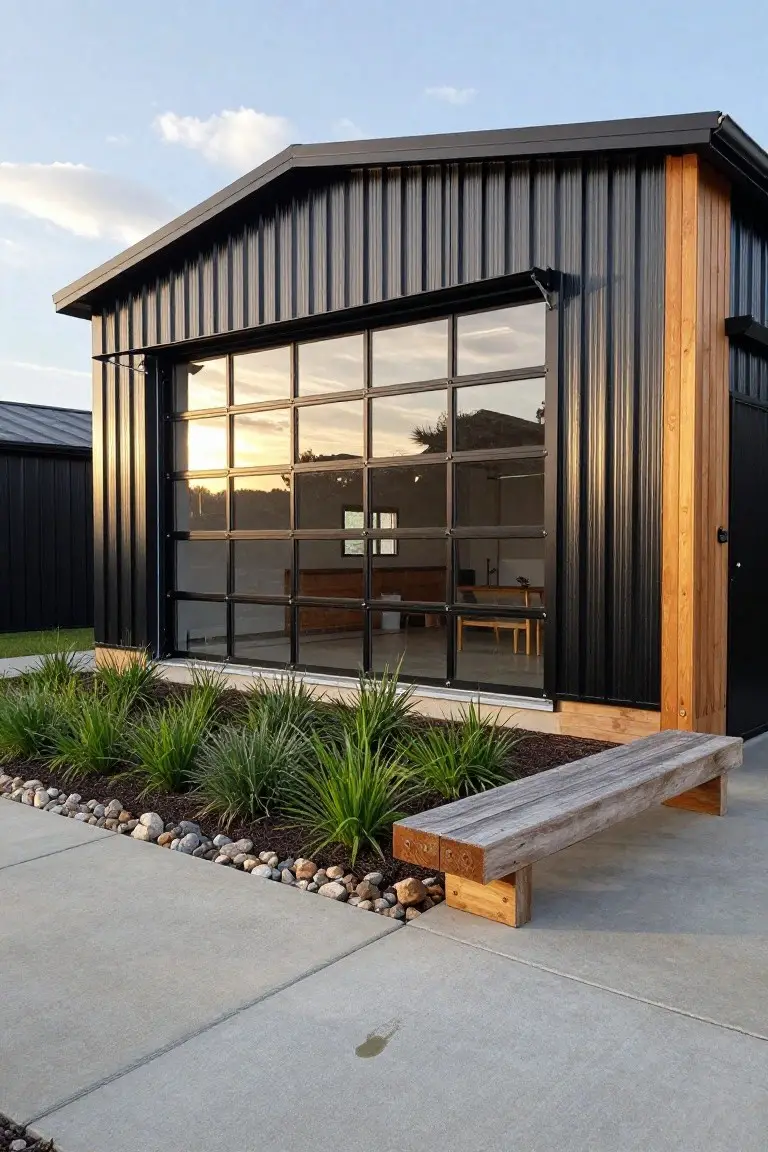 Black corrugated metal barndominium exterior with large grid glass garage door, vertical wood cladding on corners, front garden bed of grasses and pebbles, wooden bench, and concrete path.