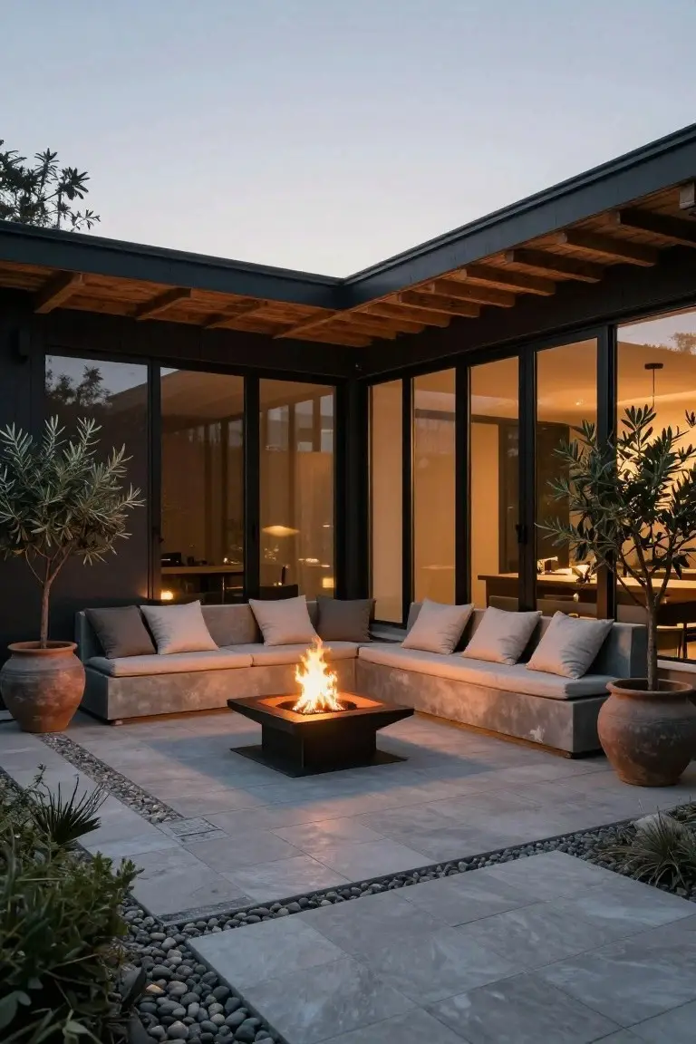 Corner patio of a black modern house with large sliding glass doors, L-shaped concrete bench seating around a square black fire pit, olive trees in terracotta pots, stone tile floor, and gravel edging at dusk.