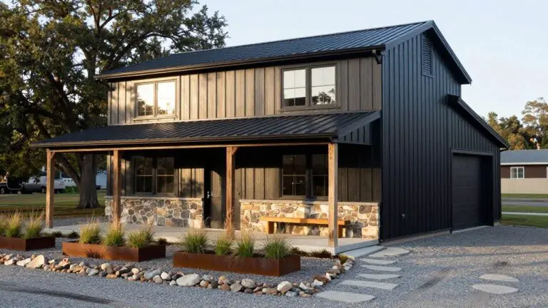 Black board-and-batten barndominium exterior with wooden covered porch, timber posts, bench, stone base, gravel yard, stepping stone path, metal planters, and nearby trees.