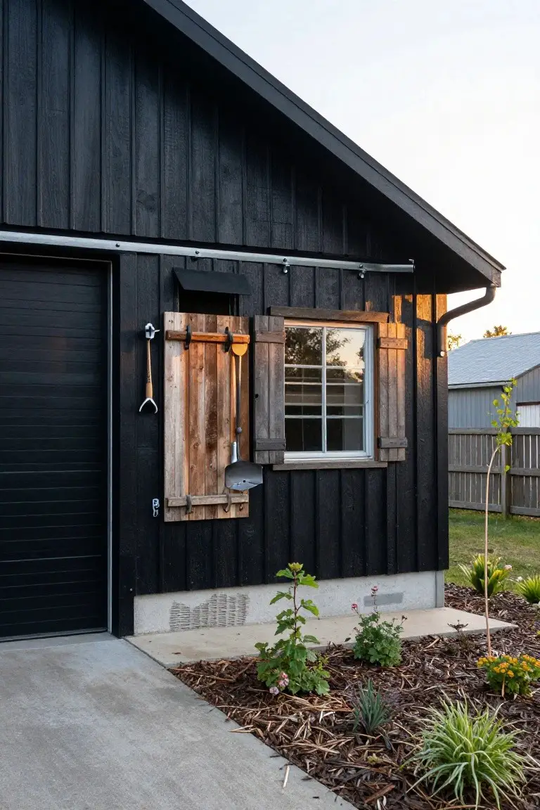 Side view of a black board-and-batten barndominium exterior with a large garage door, a window flanked by rustic wooden shutters, garden tools hanging on the shutters, a metal gutter, and a small garden bed with plants on a concrete pad.