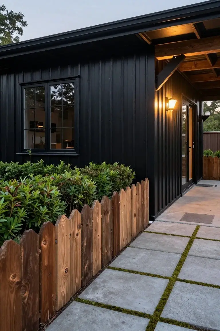 Side exterior of a black corrugated metal barndominium with a wooden scalloped picket fence, shrubs, and concrete paver pathway leading to a lit glass entry door.