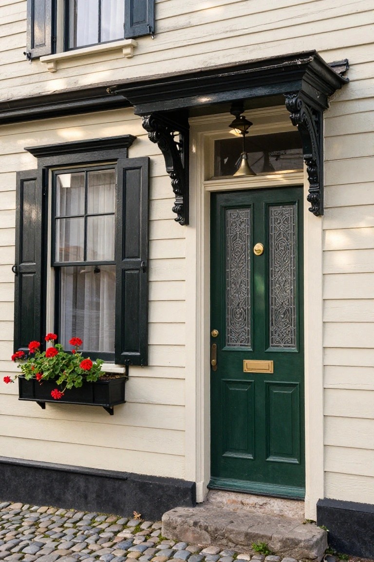 Cream clapboard house exterior with black shutters flanking a green front door featuring etched glass panels, a black awning overhead, red geraniums in a window box, and steps leading to a cobblestone path.