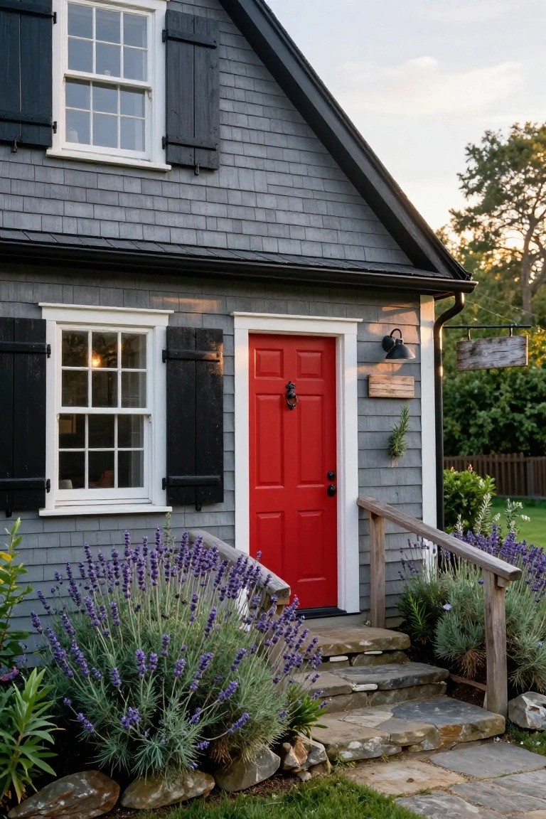 Gray shingle-clad house exterior with black shutters framing white windows and a red front door, flanked by lavender plants and stone entry steps.