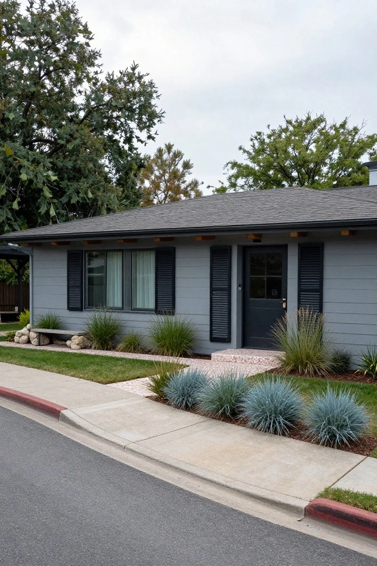 Gray single-story house with black shutters on windows, black front door, exposed rafter tails under the roofline, and low ornamental grasses and agaves along the front sidewalk.